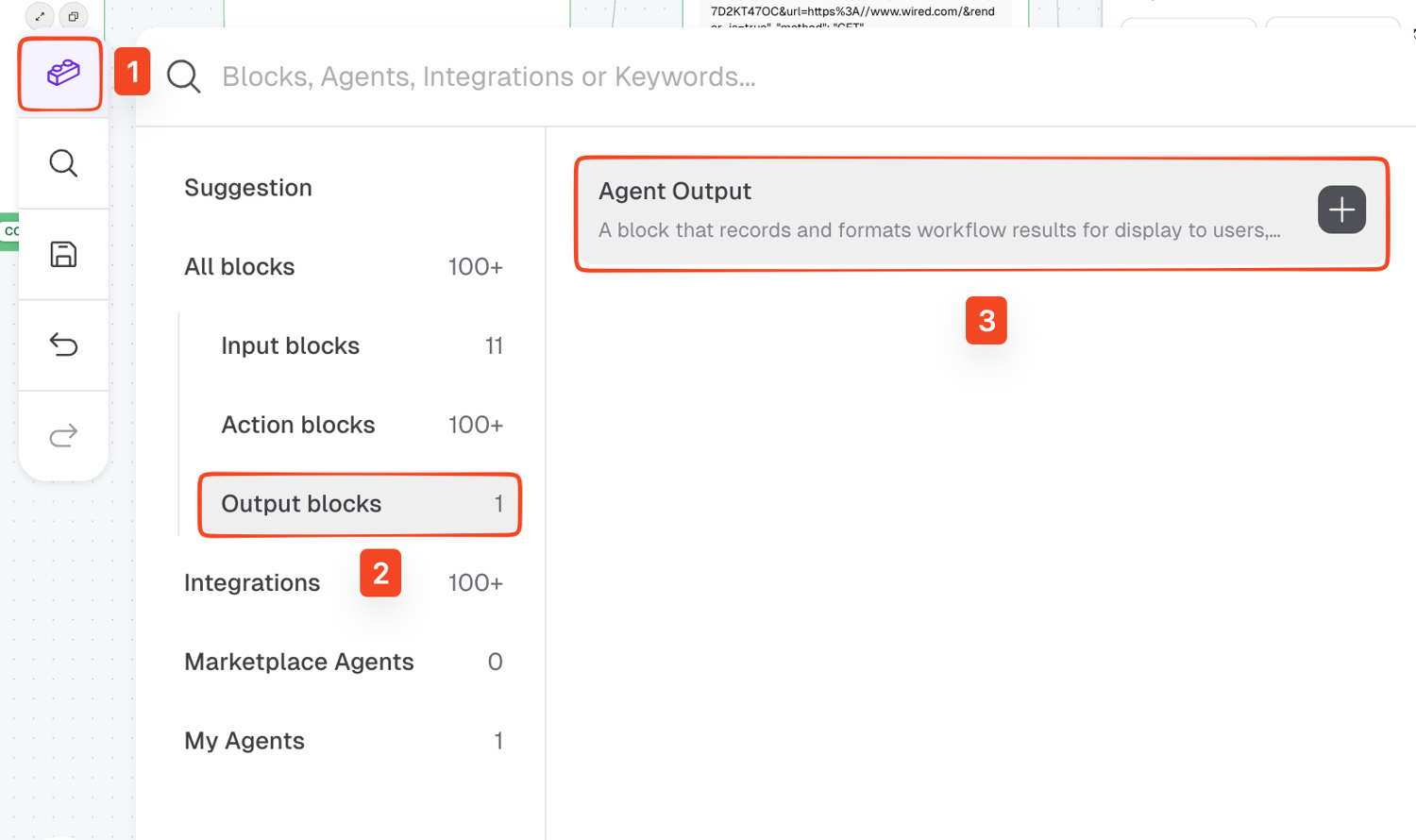 AutoGPT Blocks panel filtered to Output blocks with Agent Output highlighted