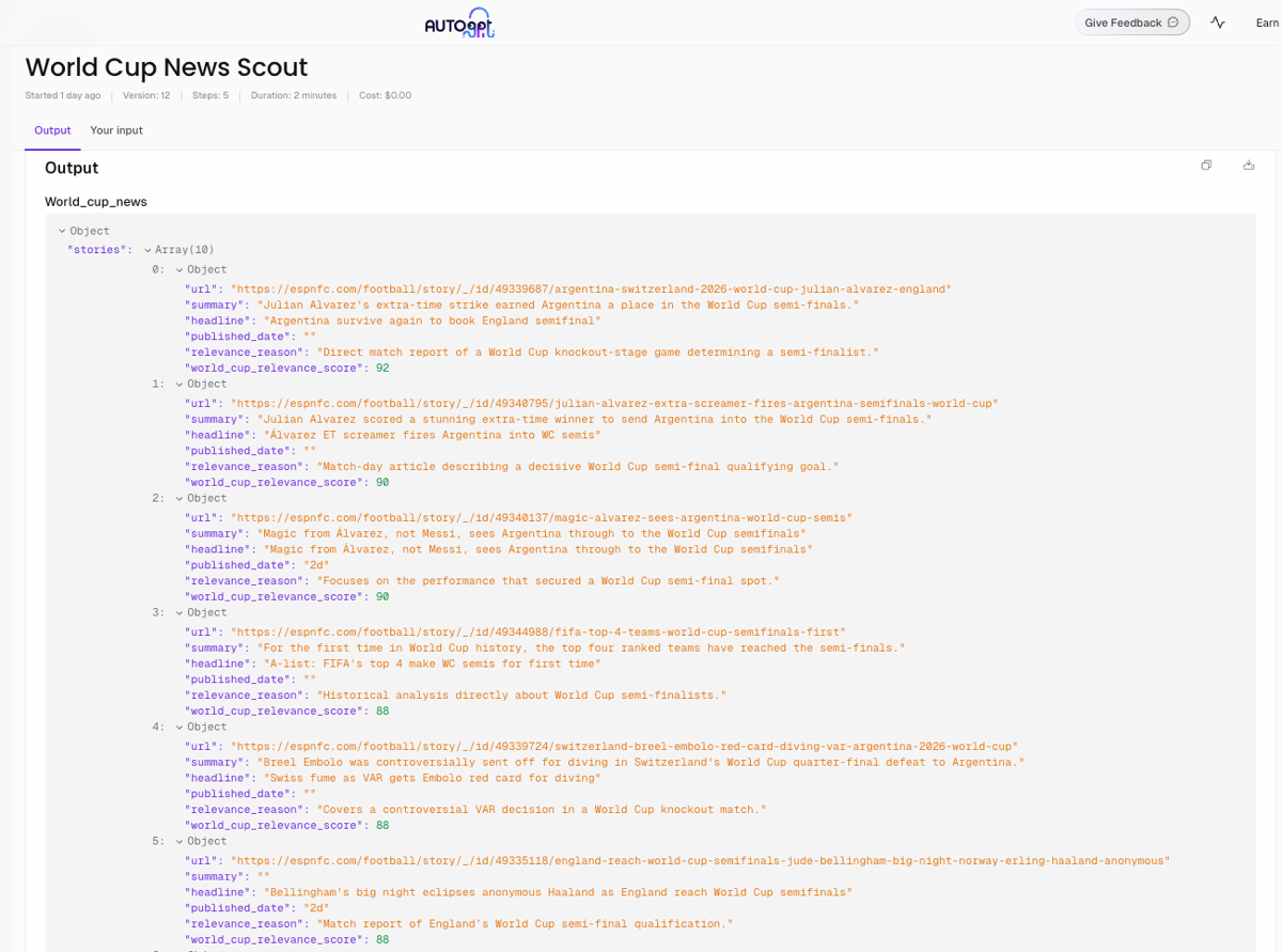 AutoGPT run output showing an array of ten World Cup stories with relevance scores