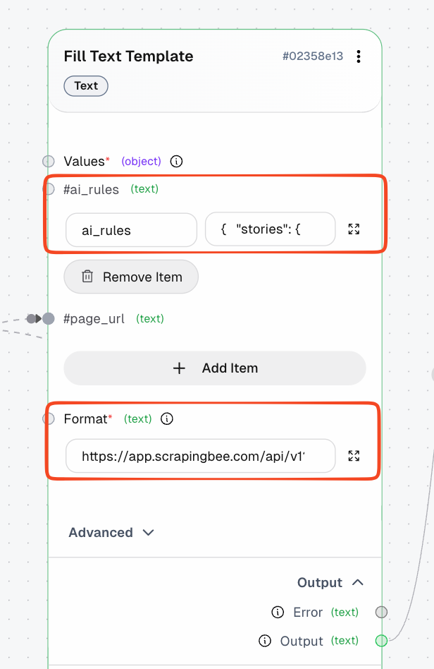 Fill Text Template block with an ai_rules value added alongside page_url