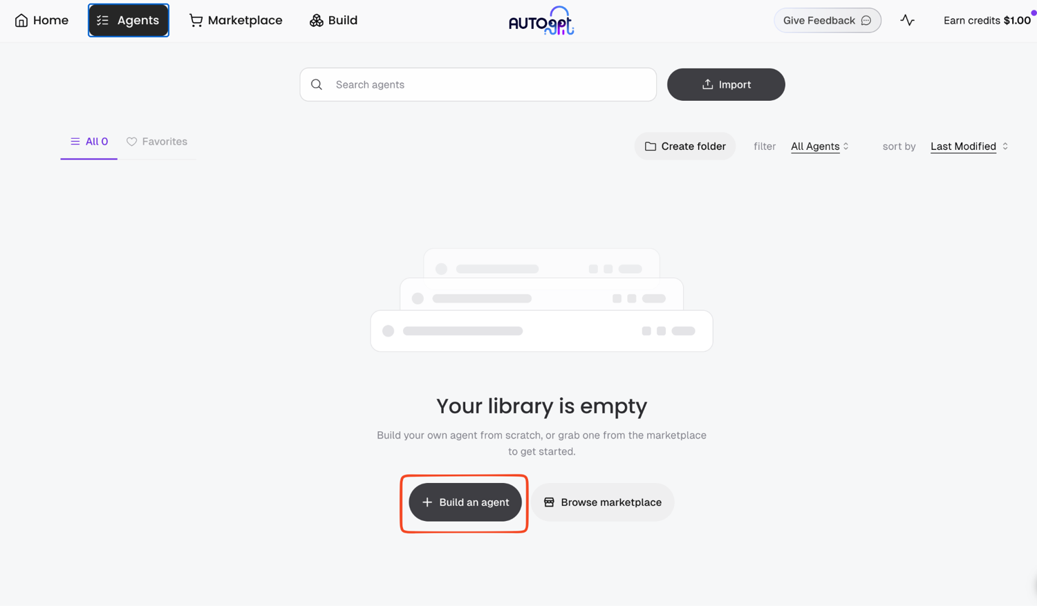 Empty AutoGPT agent library with the Build an agent button highlighted