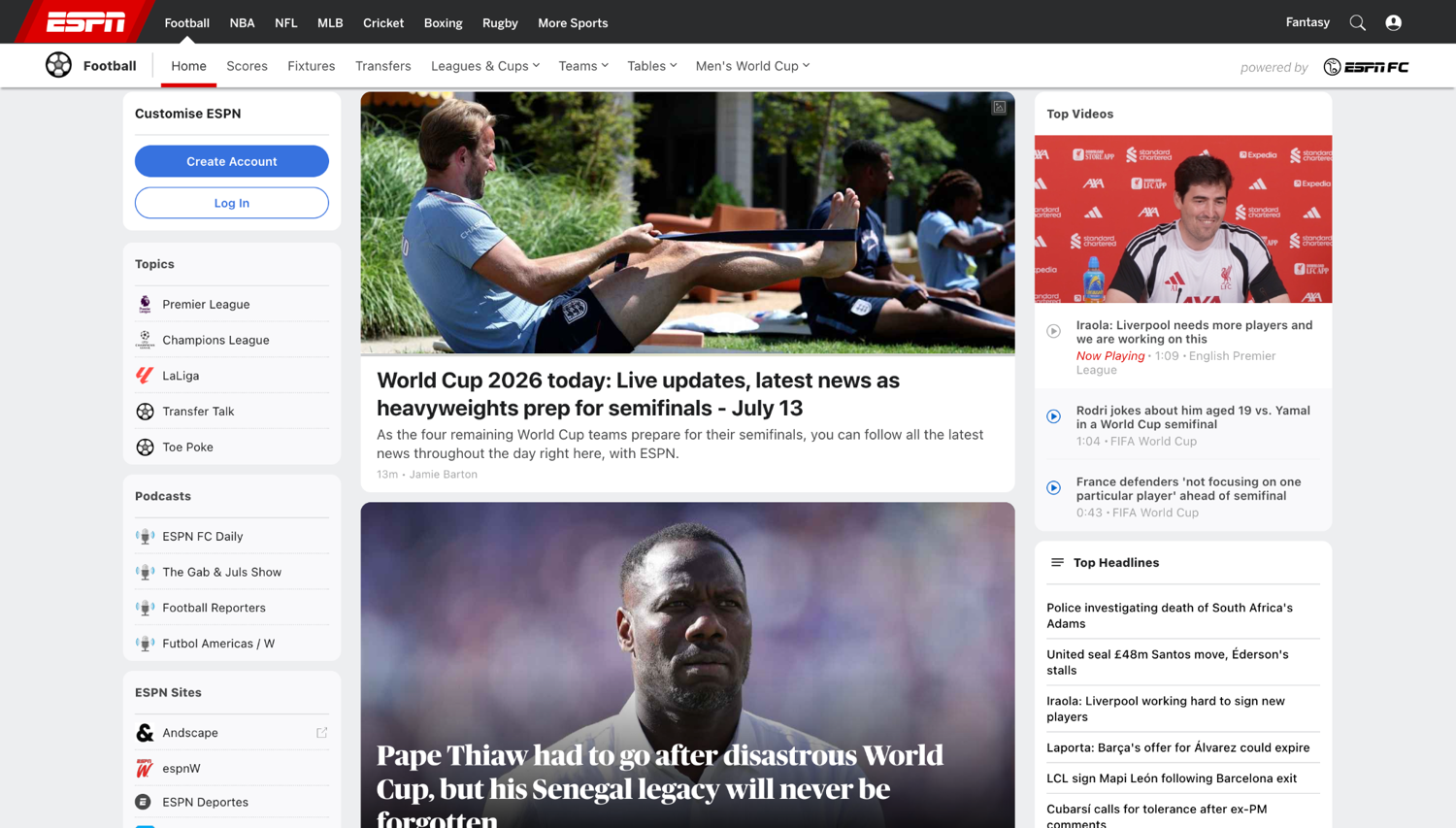 ESPN FC homepage showing World Cup headlines and top stories