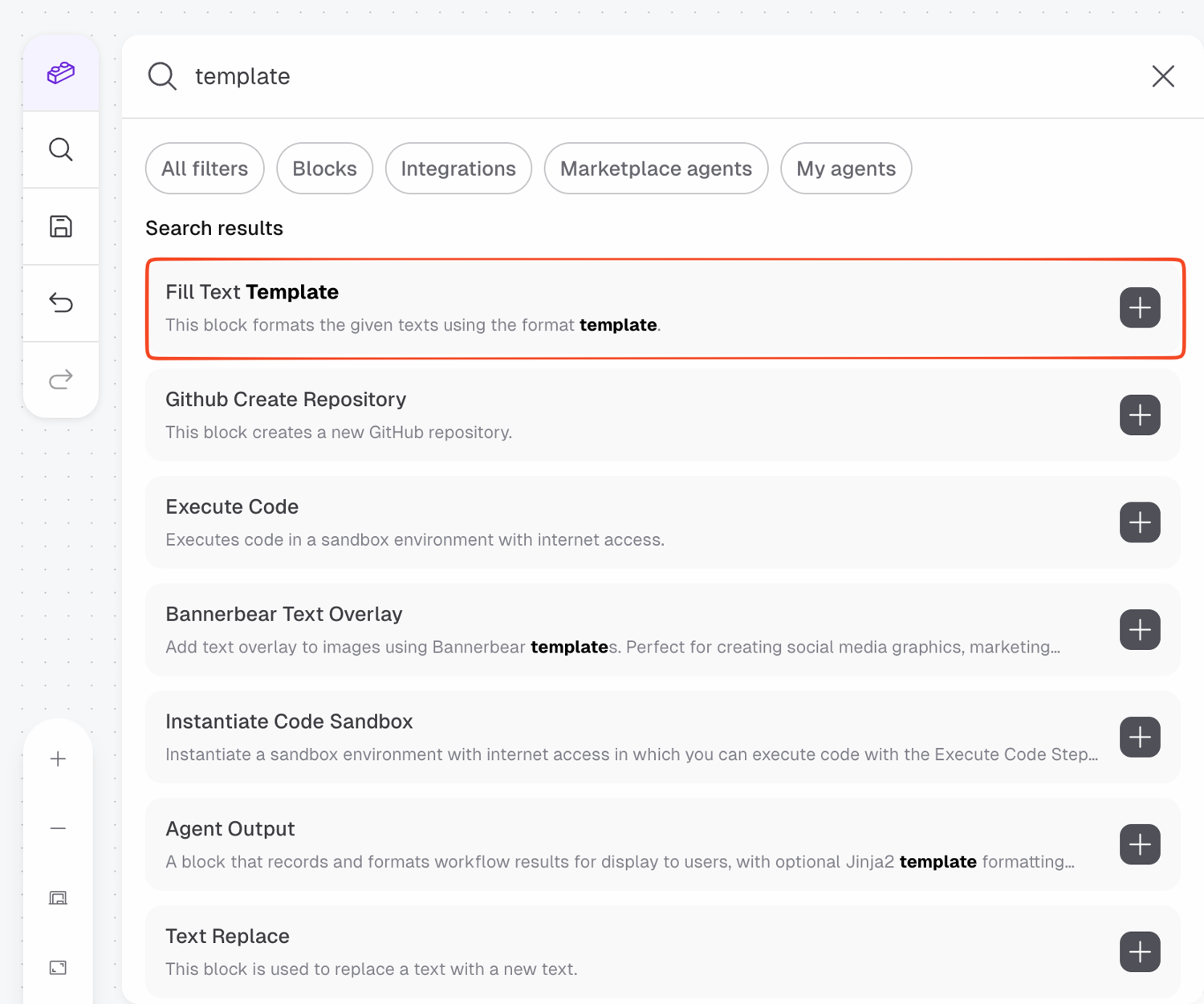 AutoGPT Blocks panel search results with Fill Text Template highlighted
