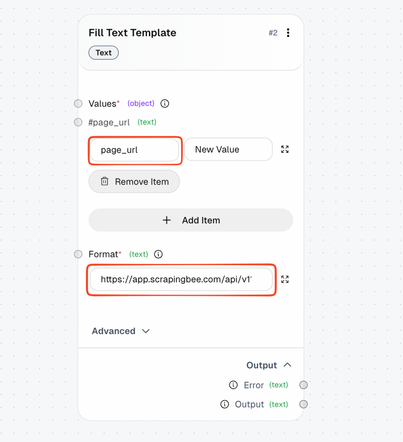 Fill Text Template block with a page_url value item and the Format field filled in