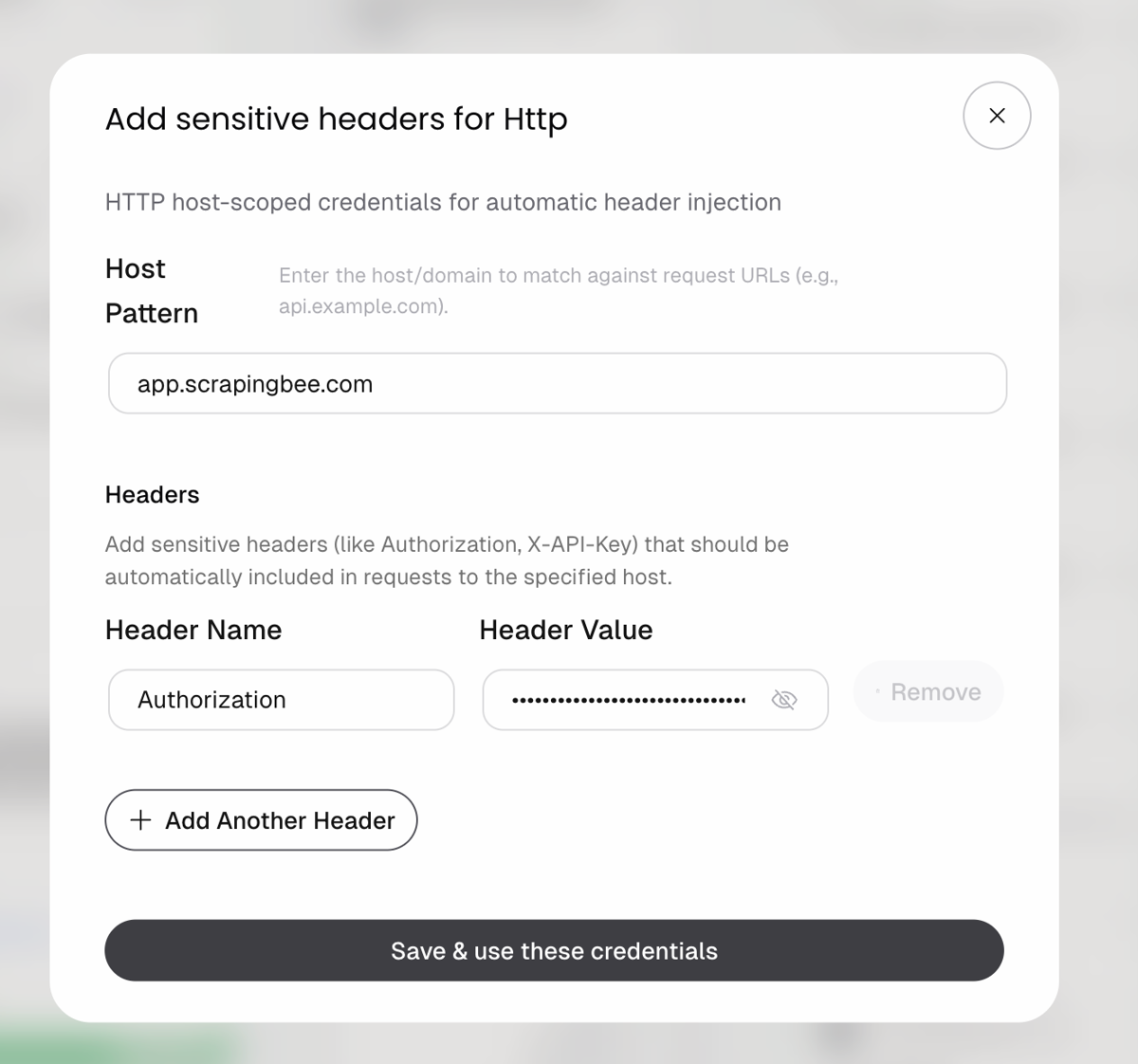 Add sensitive headers dialog with host pattern app.scrapingbee.com and an Authorization header