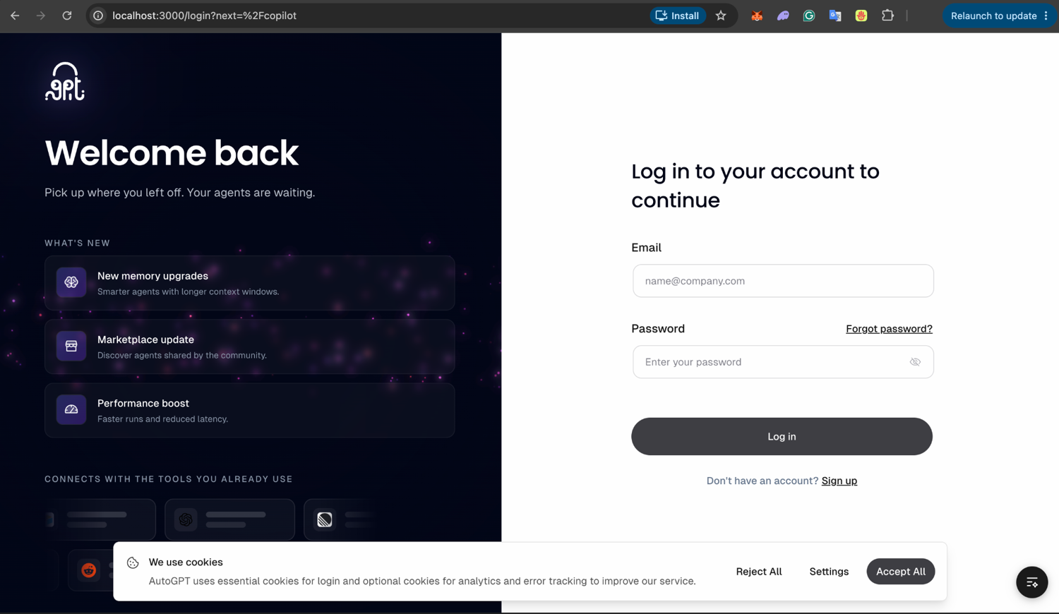 AutoGPT login page running on localhost:3000
