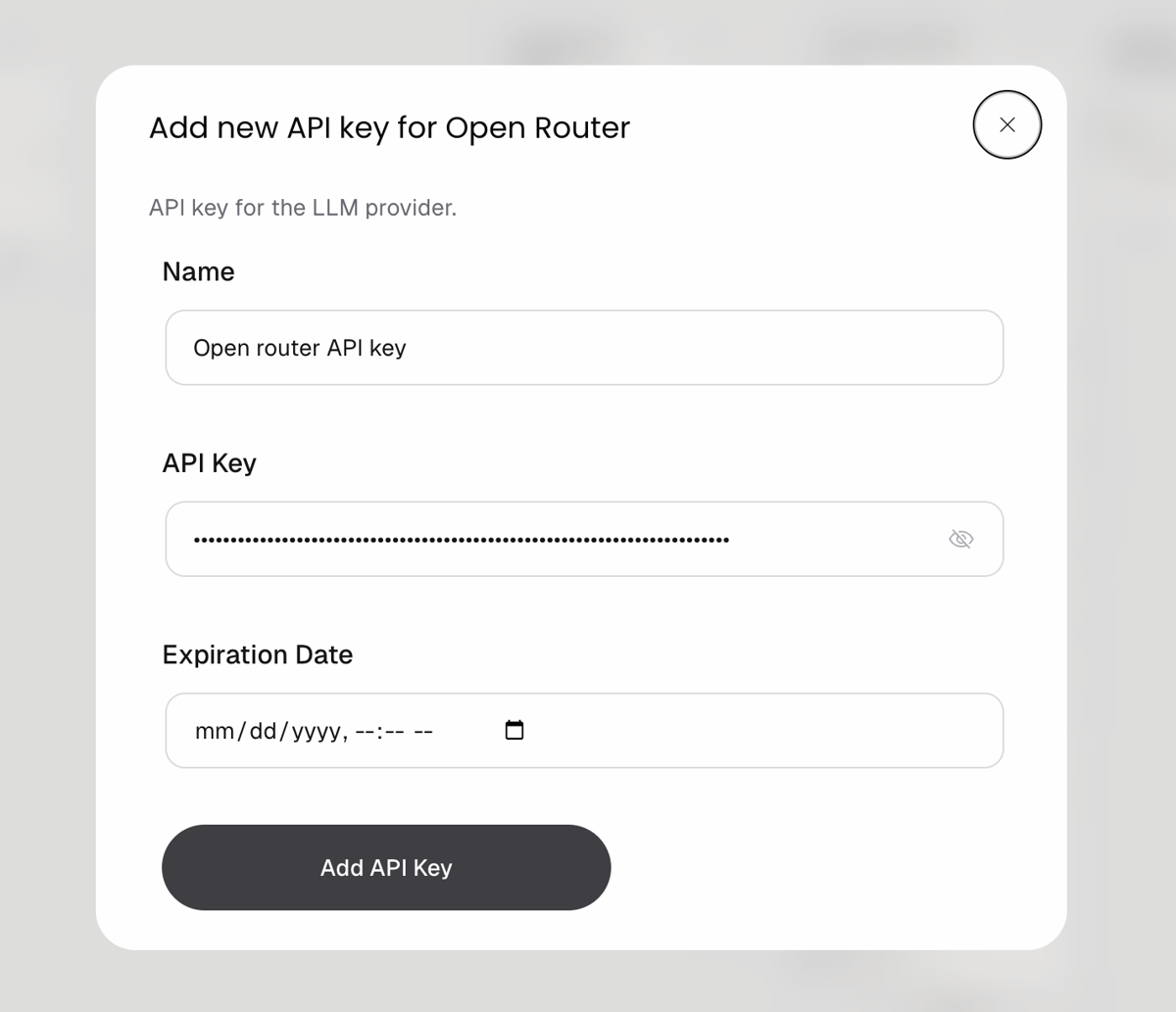 Add new API key dialog for Open Router with the key field masked