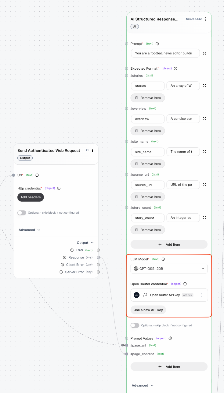 AI Structured Response Generator block with Expected Format fields and page_url and page_content prompt values connected