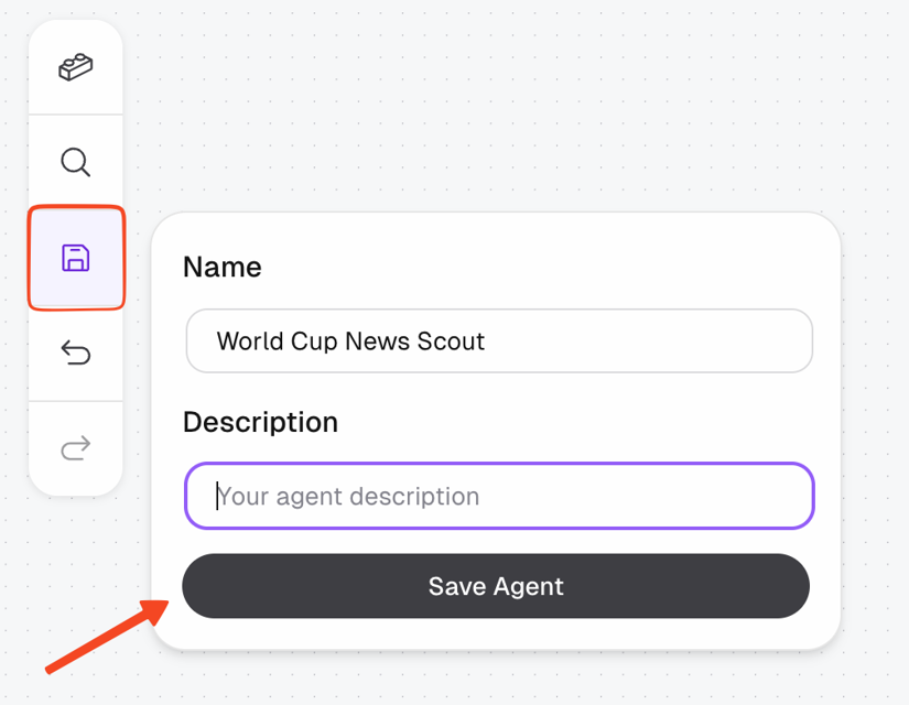 Save Agent dialog with the name set to World Cup News Scout