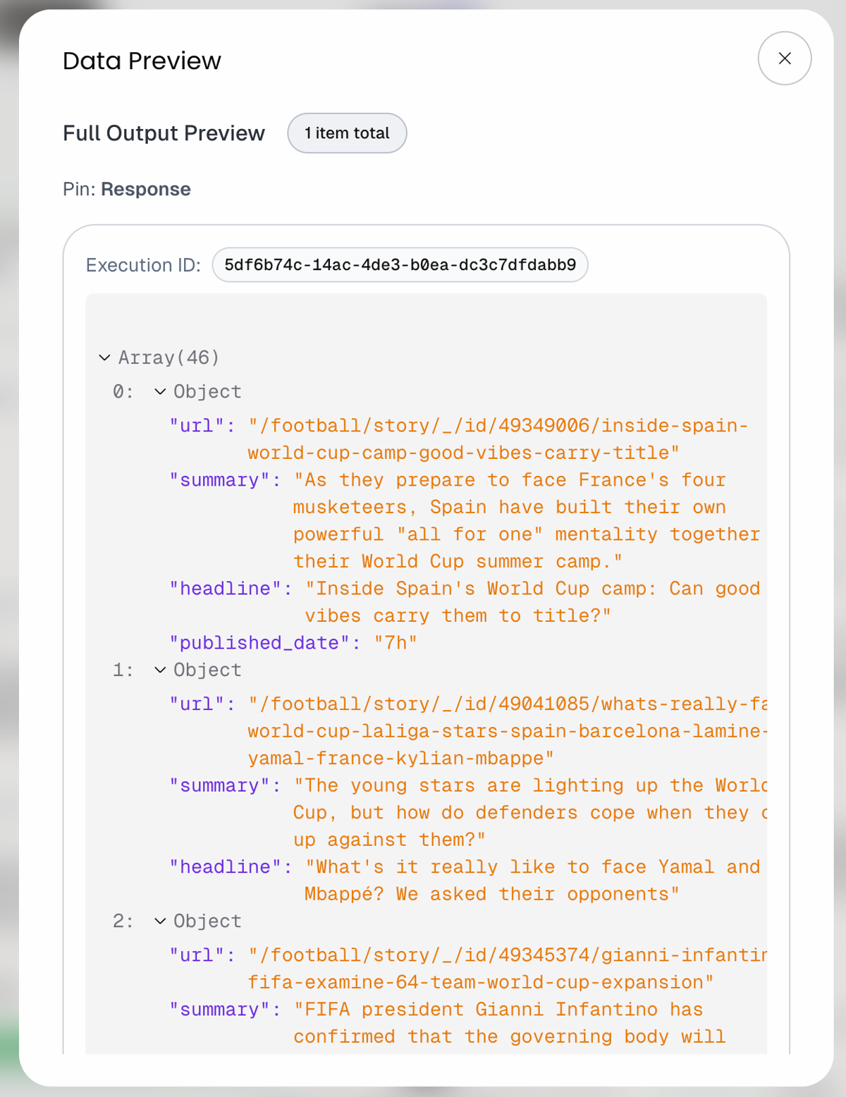 Data preview showing the array of story objects returned by ScrapingBee AI extraction