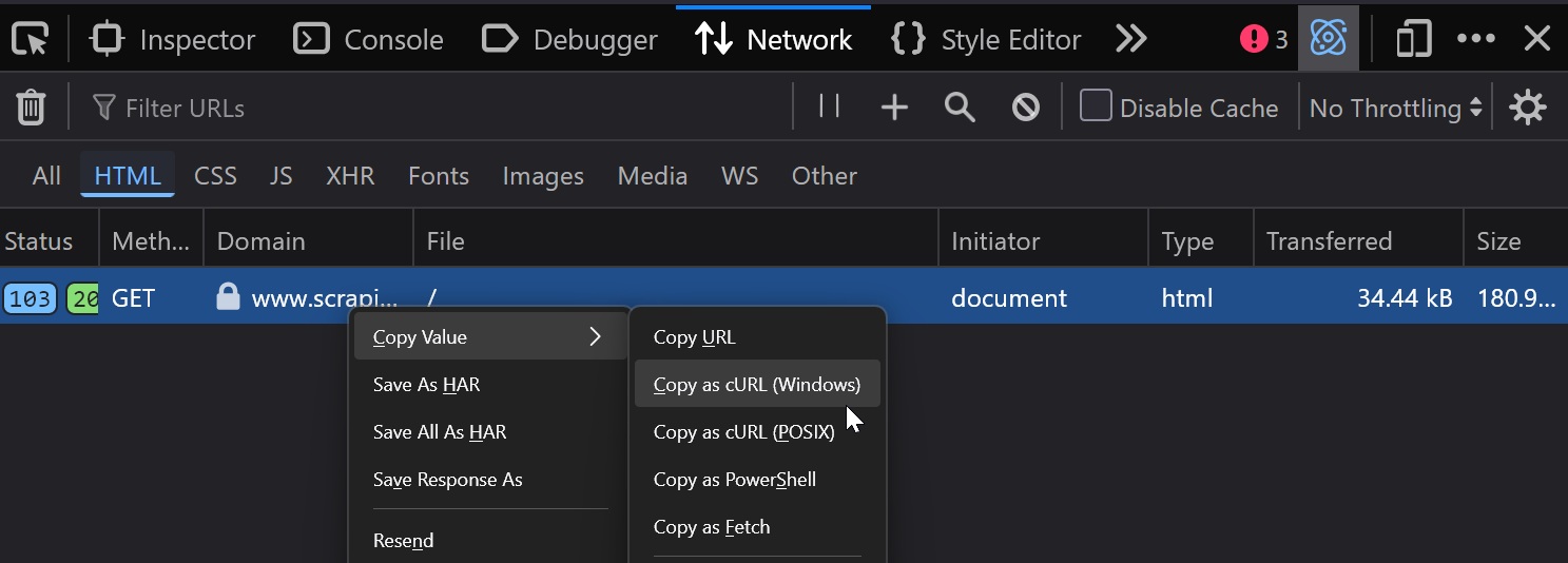 How to copy curl with headers from Firefox DevTools