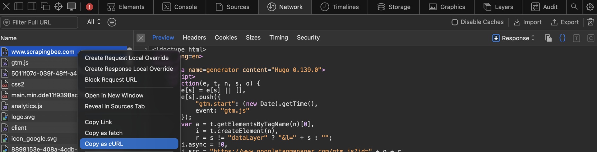 How to copy curl with headers from Safari DevTools