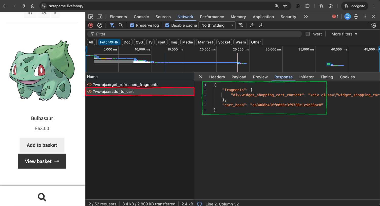 Chrome devtools open on the scrapeme.live shop page. The Network tab has the Fetch/XHR filter active, cutting 52 requests down to 2. The wc-ajax add_to_cart request is selected, marked with a red box, and its JSON response with fragments and a cart_hash is shown in the Response pane, marked with a green box. The Bulbasaur product and its Add to basket button are visible on the left.