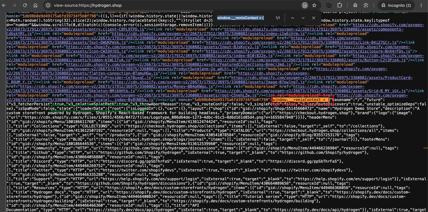 Chrome view-source of hydrogen.shop, Shopify's Hydrogen demo storefront. A search highlight and red box mark the window.__remixContext assignment in an inline script; a green box marks the state and loaderData keys at the start of its JSON, which carries the shop object with the store name Hydrogen Demo Store. Shopify CDN modulepreload links for ProductCard and ProductSwimlane components are visible above.