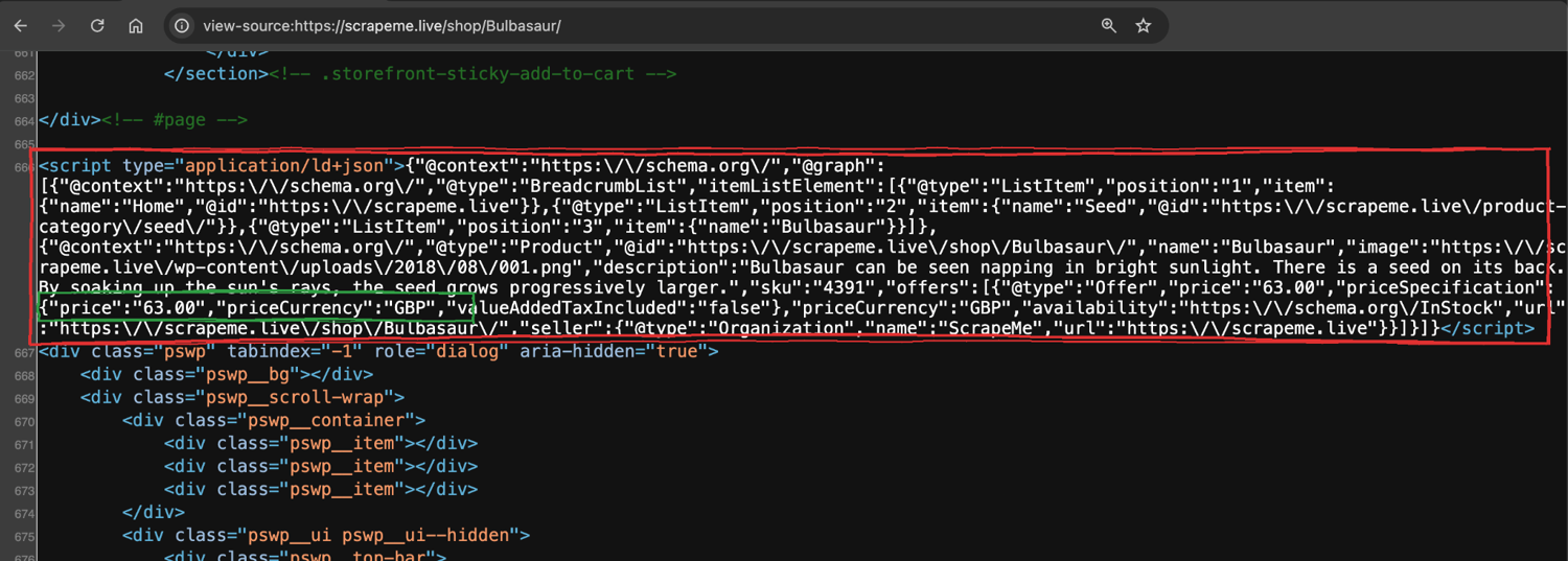 Chrome view-source of the scrapeme.live Bulbasaur product page. Line 666 holds a script tag of type application/ld+json containing an @graph array with a BreadcrumbList and a full Product object: name Bulbasaur, sku 4391, price 63.00, priceCurrency GBP, availability InStock. A red box marks the whole script tag; a green box marks the price and currency fields.