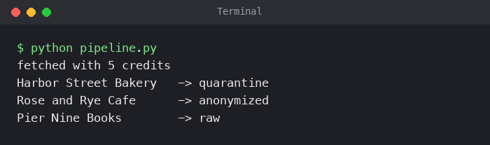 Terminal output of pipeline.py showing 5 credits spent and each listing routed to quarantine, anonymized or raw