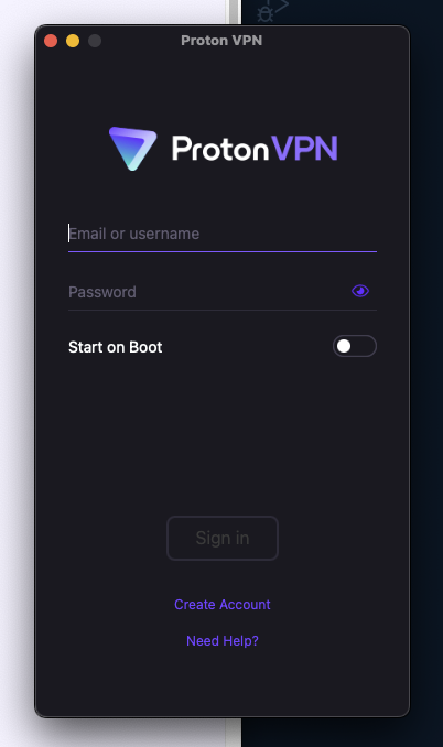 Proton VPN sign-in screen