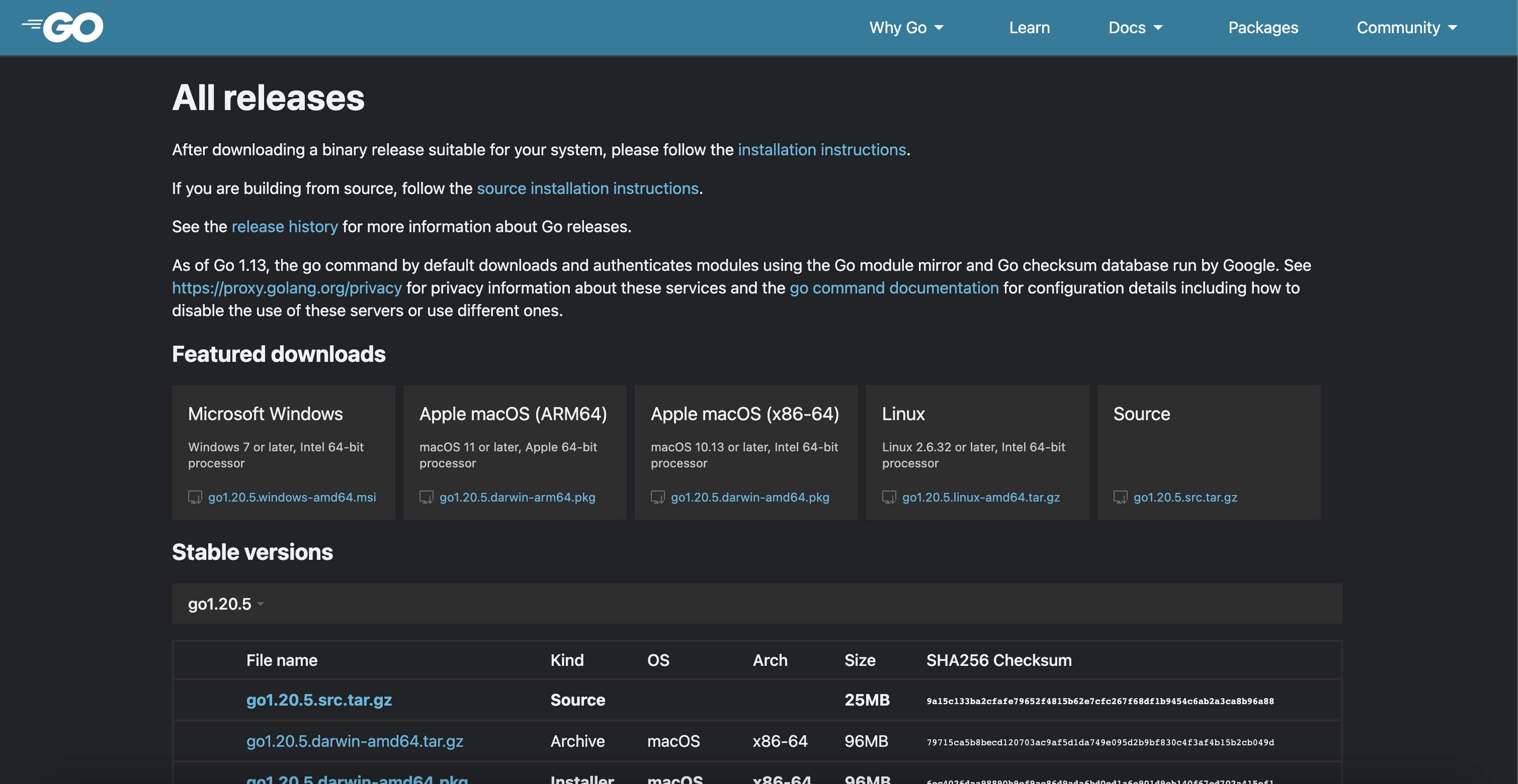 The release page of the official Golang documentation