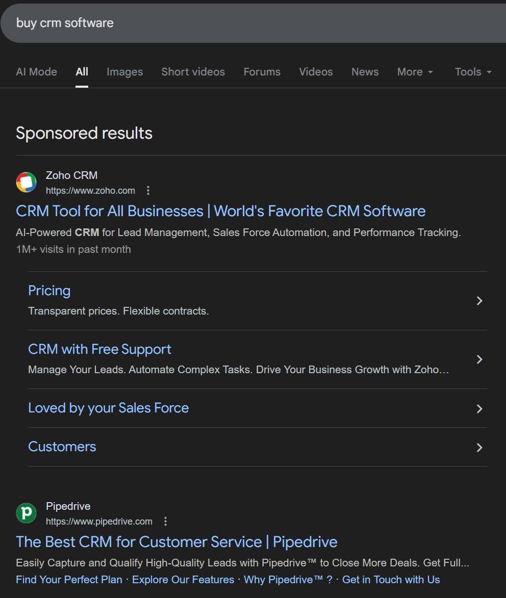 Google search: sponsored results