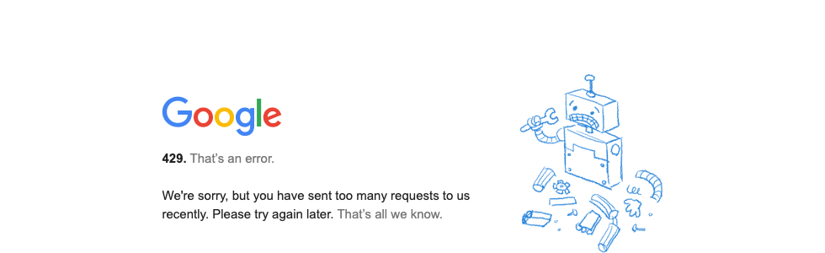 A Google Trends page showing a plain error page with the heading “429. That's an error.” and the message “We're sorry, but you have sent too many requests to us recently. Please try again later.”