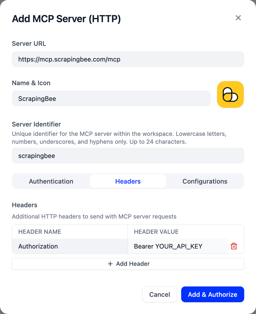 Dify Add MCP Server (HTTP) dialog with Server URL https://mcp.scrapingbee.com/mcp, name ScrapingBee, identifier scrapingbee, and the Headers tab open showing an Authorization header with the value Bearer YOUR_API_KEY