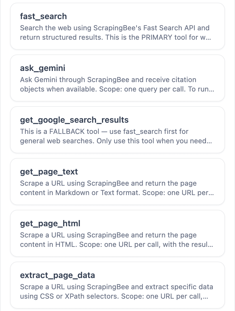 Dify MCP server detail panel for ScrapingBee listing tool cards for fast_search, ask_gemini, get_google_search_results, get_page_text, get_page_html, and extract_page_data, each with a short description
