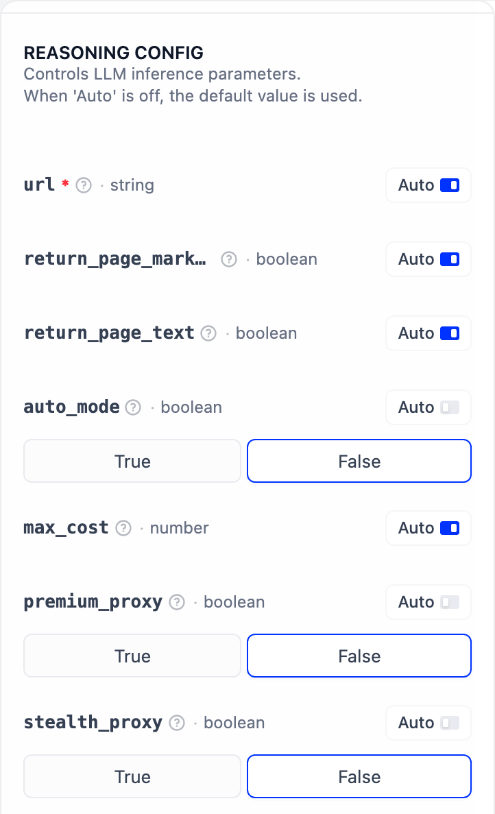 Dify Tool Settings for get_page_text under Reasoning Config, with Auto off and False selected for auto_mode, premium_proxy, and stealth_proxy, while url and max_cost are set to Auto