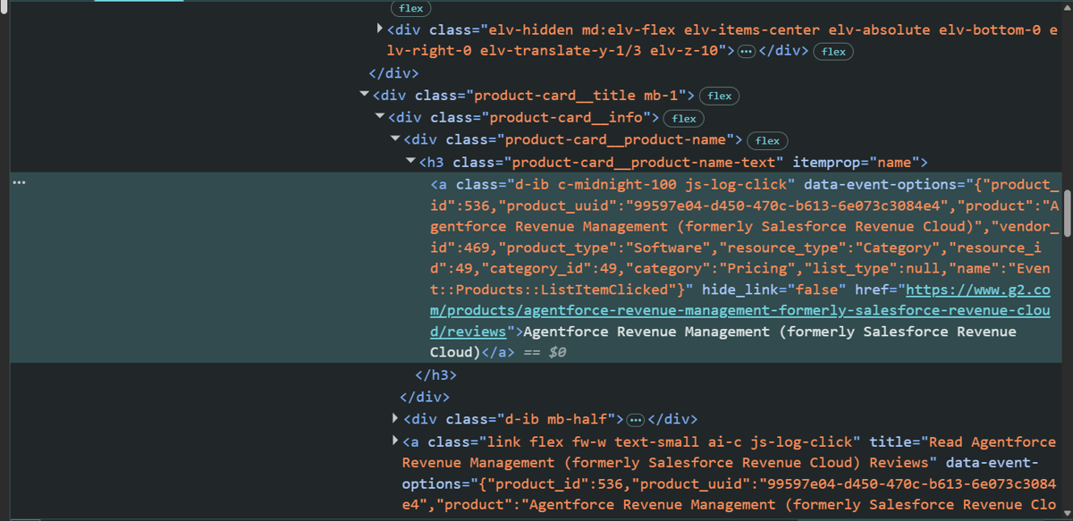 Inspecting a G2 product card in the browser developer tools