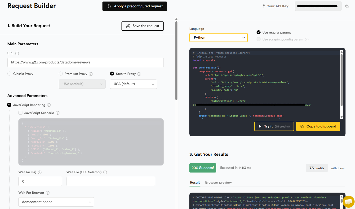 ScrapingBee request builder with the Stealth Proxy option enabled