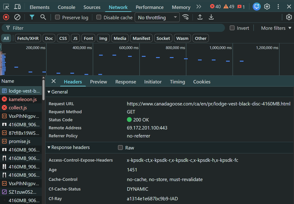 x-kpsdk-* response headers shown in the browser DevTools Network tab