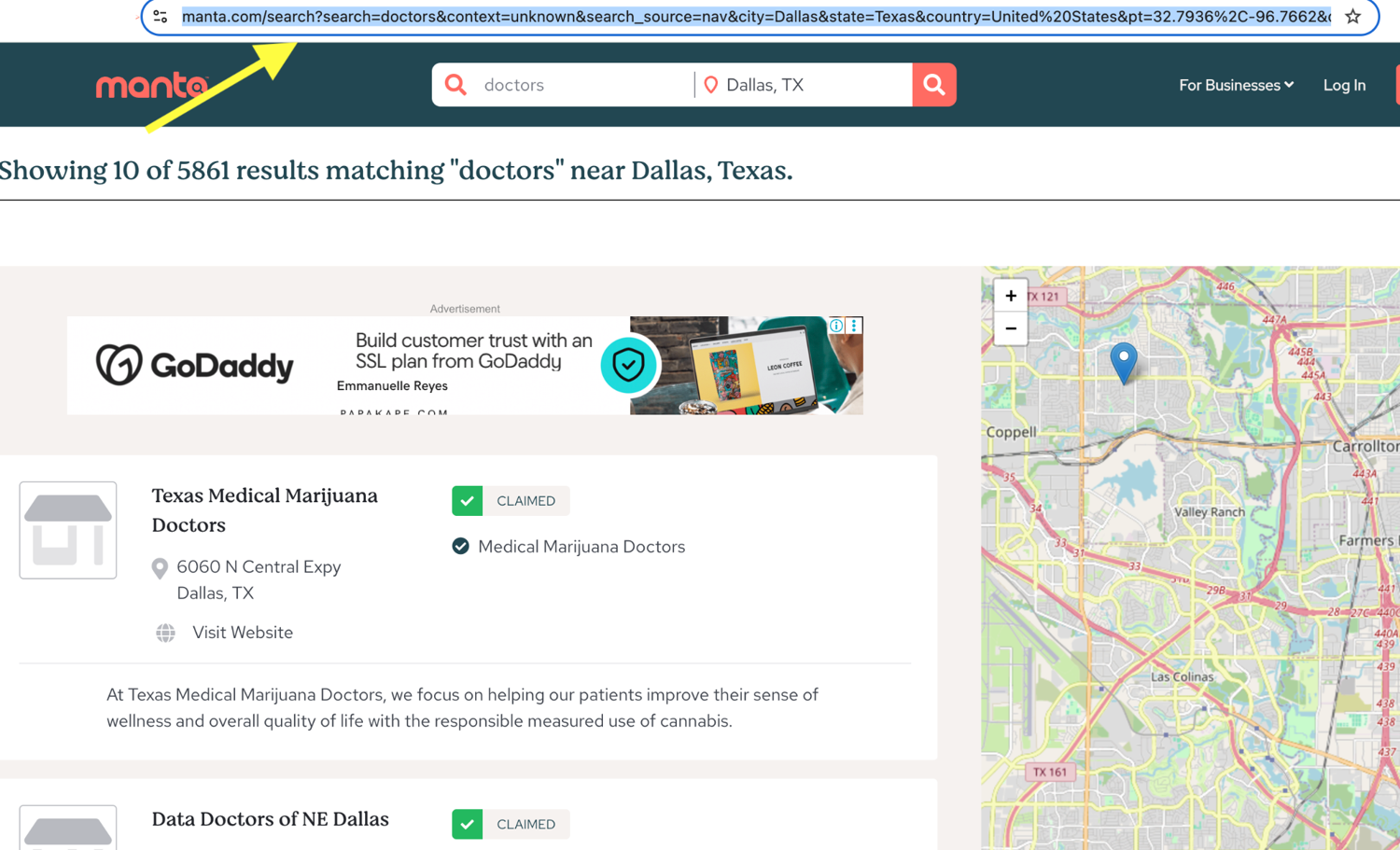 Manta search results page with the search URL highlighted