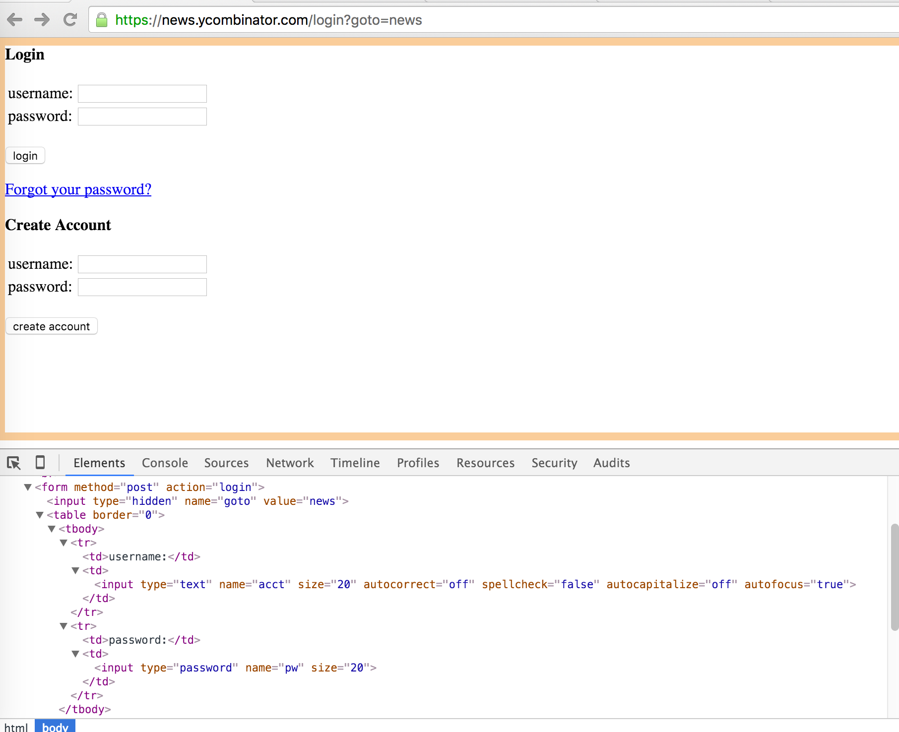 Screenshot of Hacker News login form