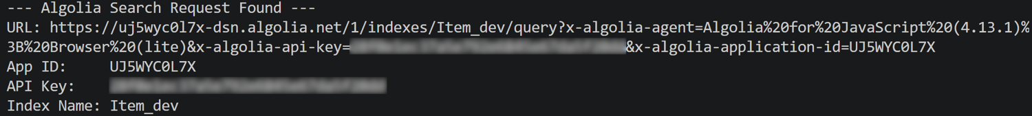 Note the Algolia application ID, search API key, and index name