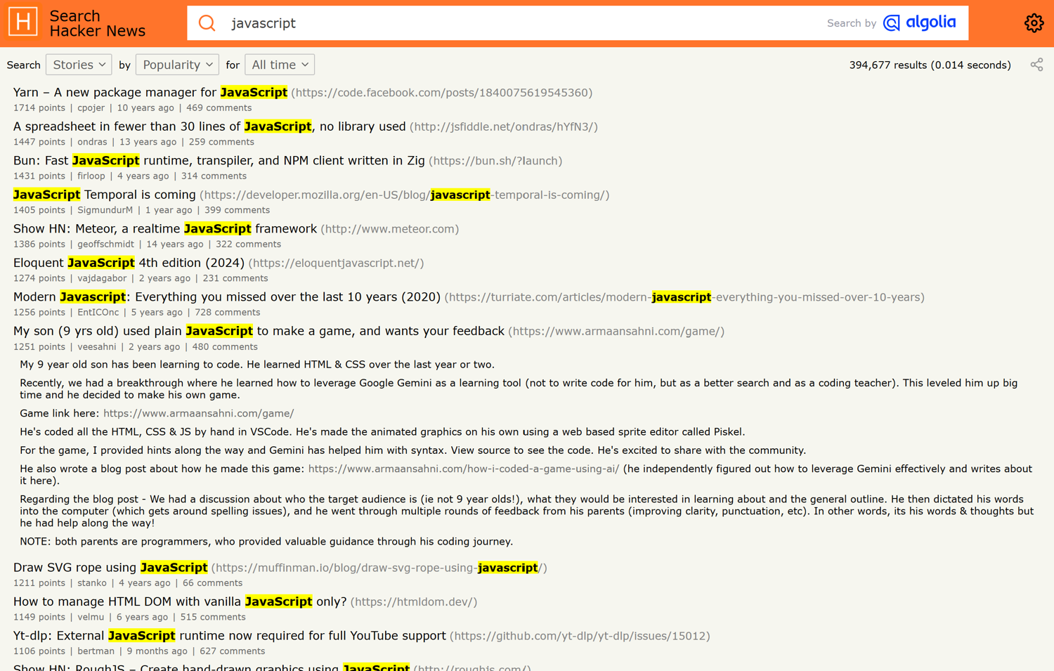 Note the news articles on the HN Algolia “javascript” page