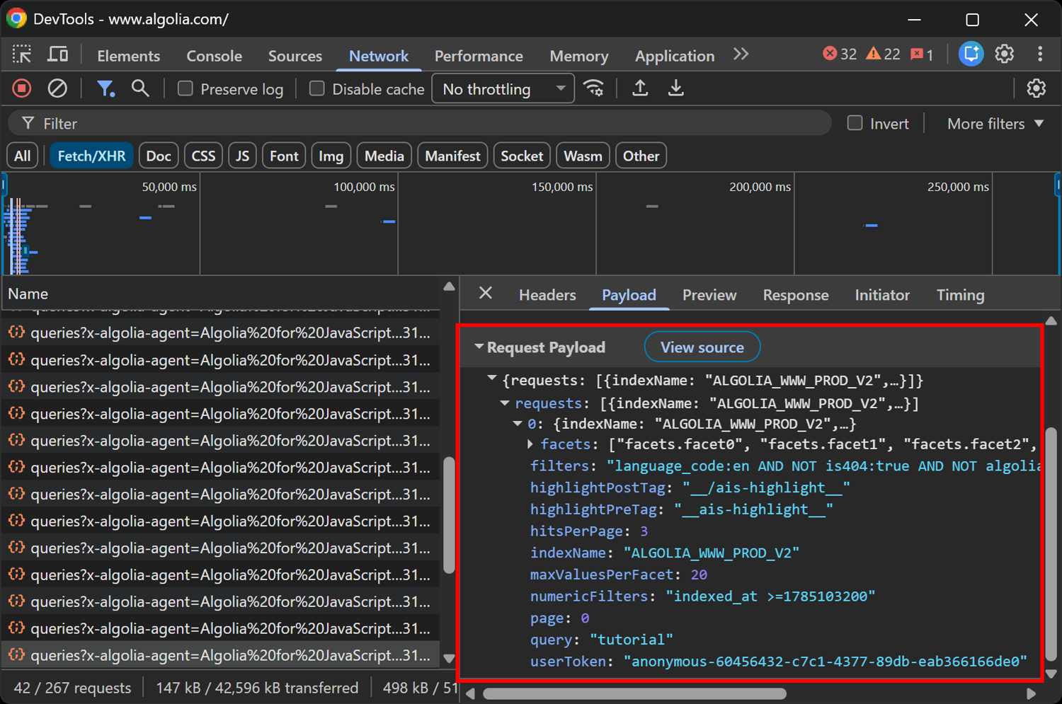 Note the “requests” array in the payload to the multi-index queries endpoint