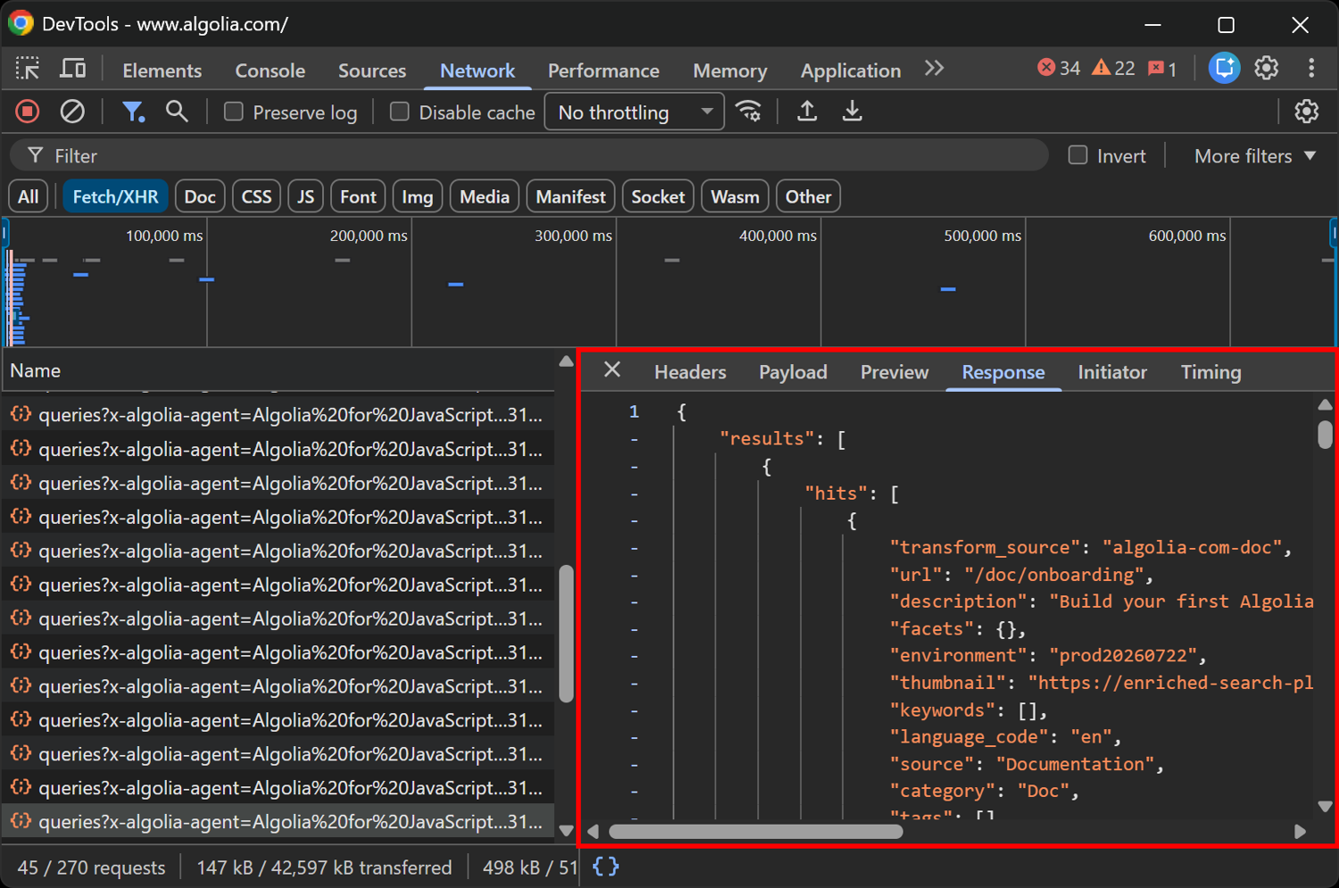 Note the “results” array in the JSON response