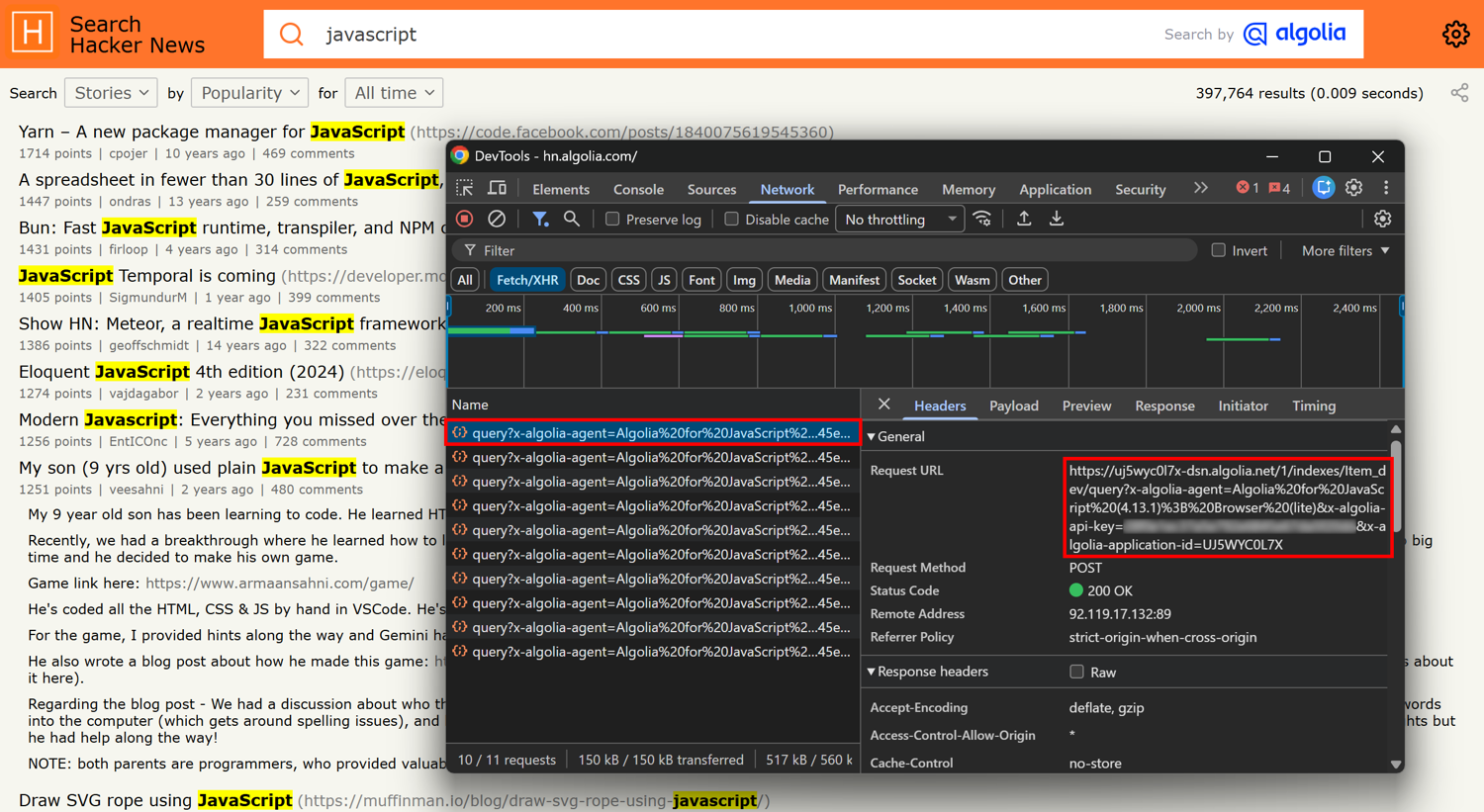 Note the dynamic “/query” Algolia request made by the page
