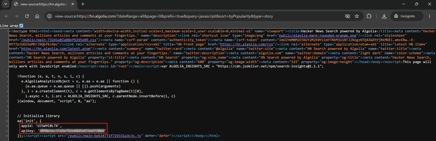 Note the Algolia application ID and search API key in the HTML of the page
