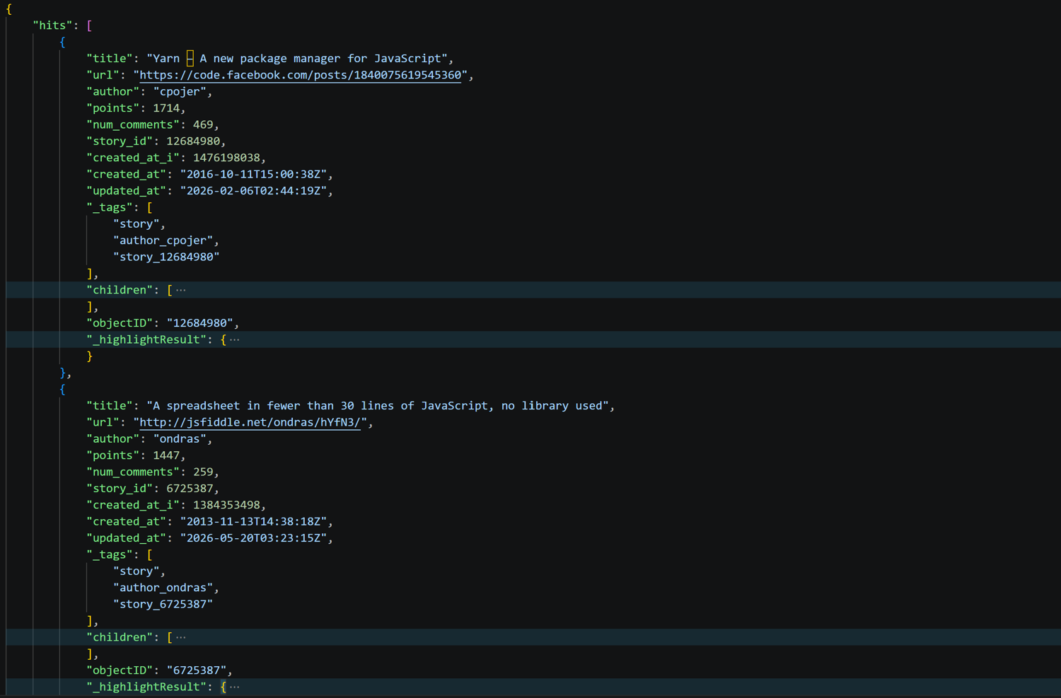 The search results returned by the Algolia Search API for the given query