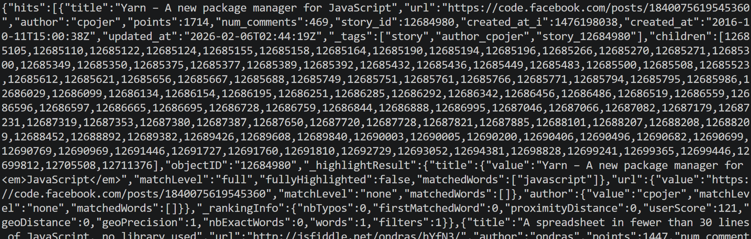The JSON response of the Algolia search request