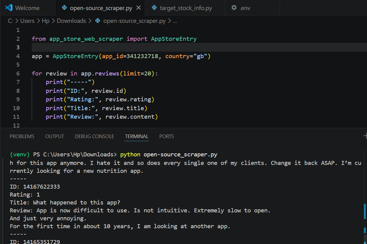 app-store-web-scraper library results displayed in the terminal