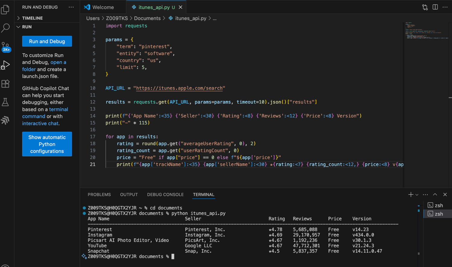 iTunes Search API results for the keyword pinterest