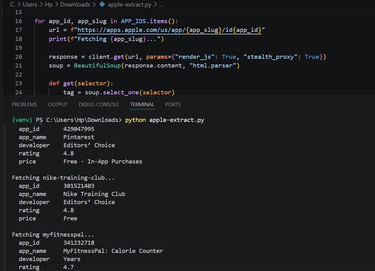 App metadata scraped from App Store pages with ScrapingBee