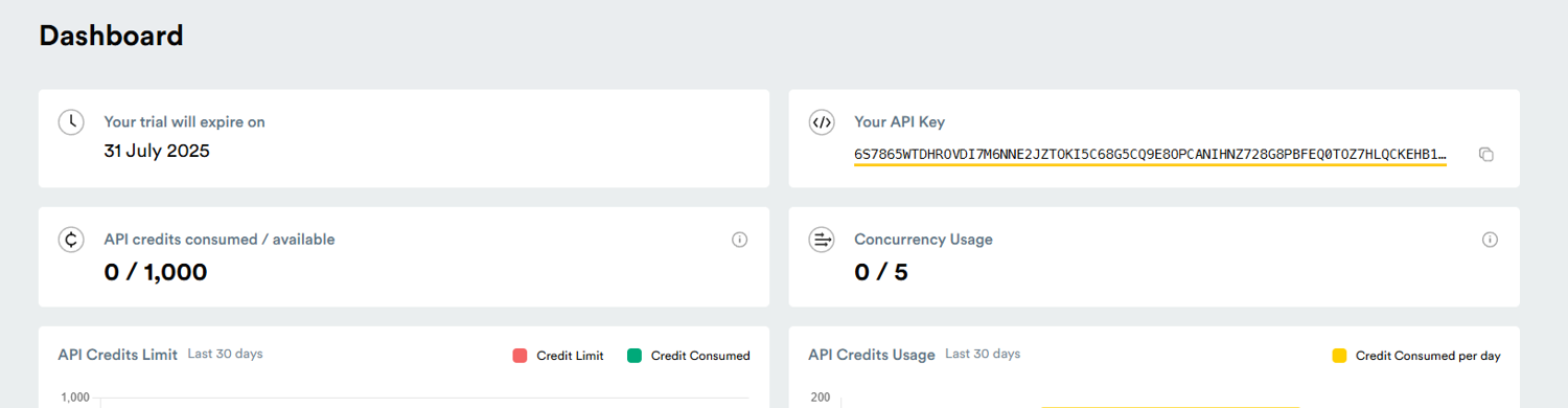 ScrapingBee dashboard with API key