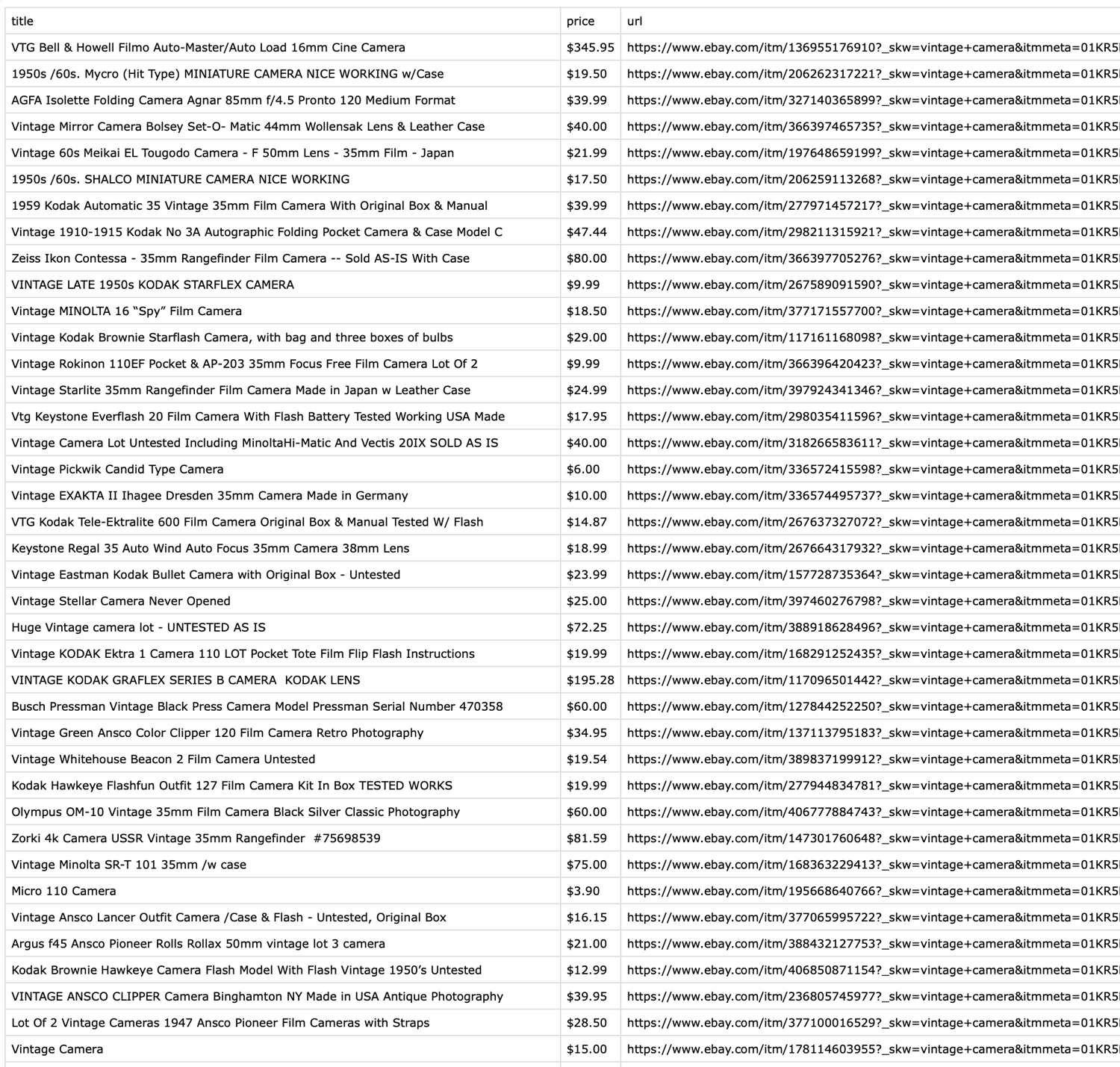 Preview of scraped eBay results