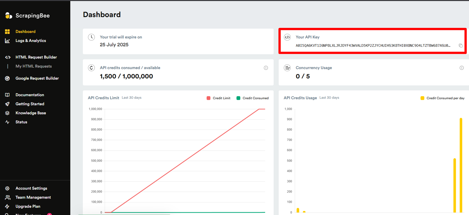 ScrapingBee dashboard showing the API key