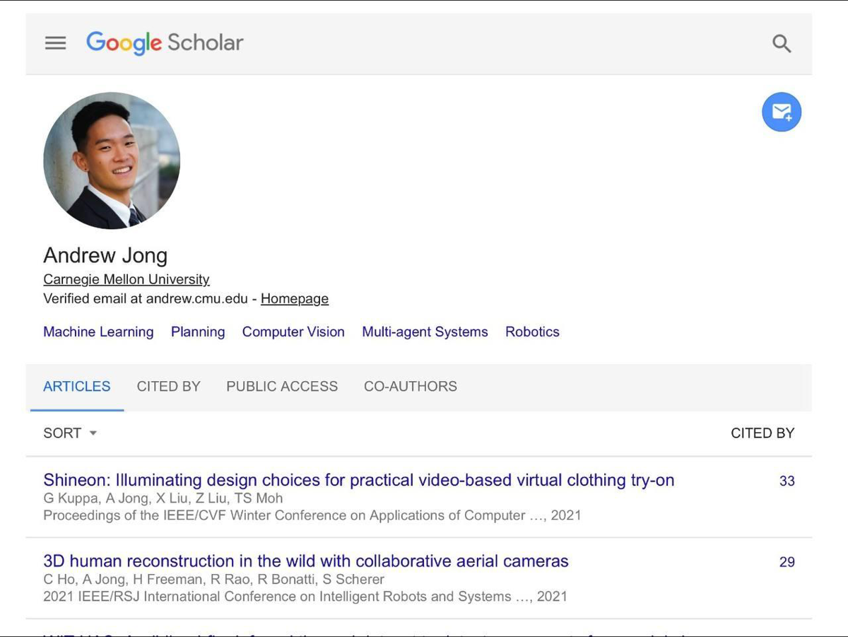 Google Scholar author profile page with citation graph and publication list