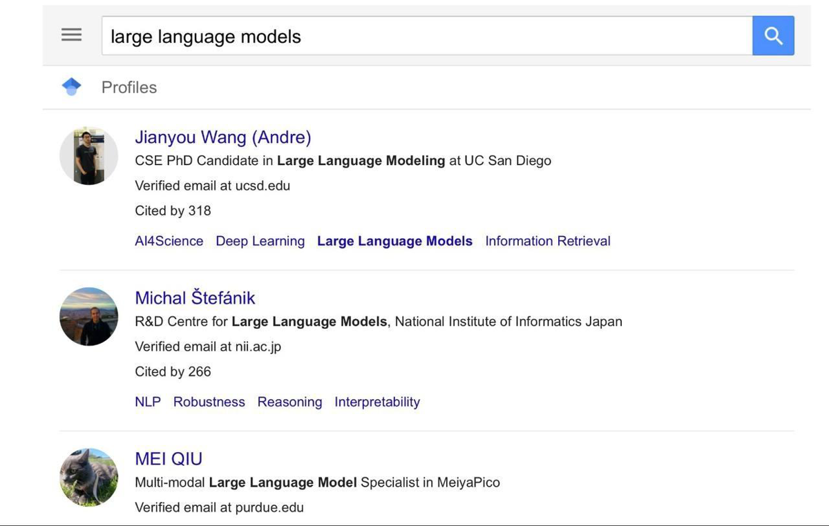 Google Scholar author search results showing affiliation and citation counts