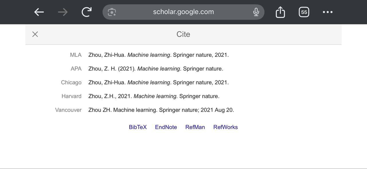 Google Scholar citation popup with MLA, APA, Chicago, Harvard, and Vancouver formats