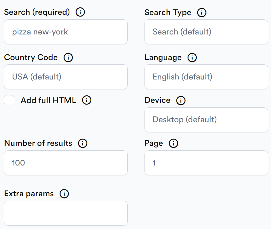 Google SERP Scraping API Builder Options