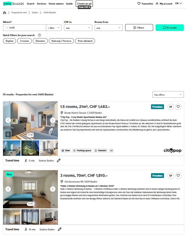 The public rental listings page for Baden on Immoscout24.ch